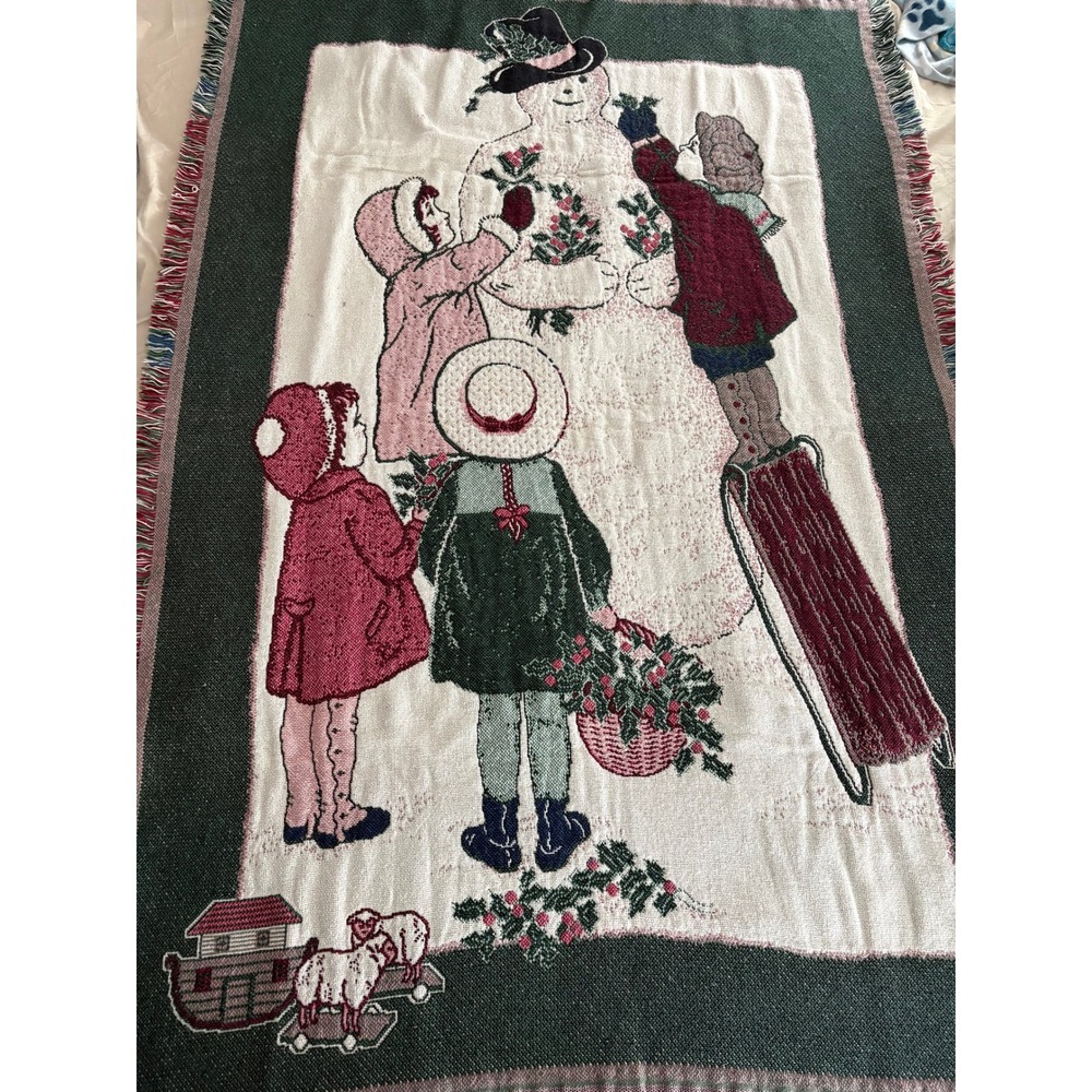 Vintage Woven Tapestry Throw Blanket Christmas Snowman Children Winter Scene